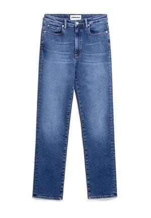 Blue denim jeans with a straight-leg design, featuring a mid-rise waistband, five pockets, and minimal fading. Stitched detailing is prominent.