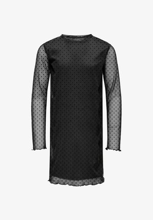 Robe longue noire transparente à manches longues avec des pois, un col rond et des bords volantés aux manches et à l'ourlet.