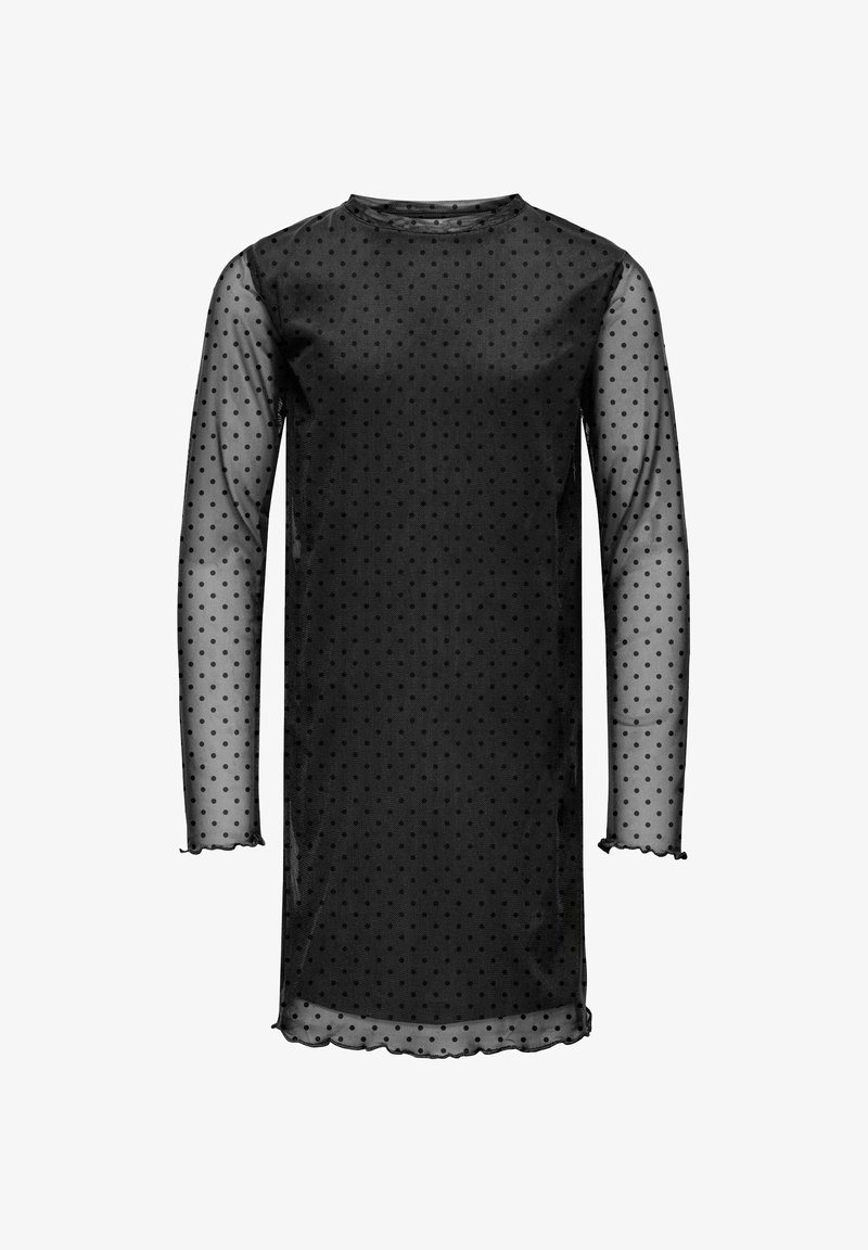 Robe longue noire transparente à manches longues avec des pois, un col rond et des bords volantés aux manches et à l'ourlet.