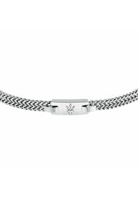 Bracciale in metallo argento con design intrecciato, dotato di un fermo lucido con logo a corona. Texture liscia e lucentezza uniforme in tutto il bracciale.