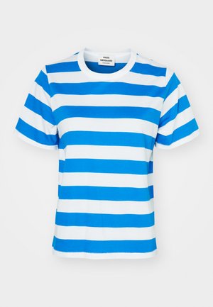 Striped t-shirt in blue and white, made of cotton. Features a crew neck, short sleeves, and a straight hem with a slightly frayed edge.