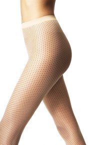 Collant trasparenti color carne con un motivo a pois neri. Texture morbida, vita alta, design aderente. Adatti per varie occasioni.
