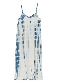 Abito maxi bianco senza maniche con motivo tie-dye blu, scollatura a V e sottili spalline su uno sfondo bianco semplice.