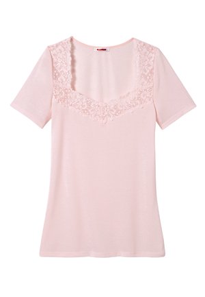 Roze t-shirt met korte mouwen en een v-hals met kantafwerking. Zachte stof, gladde textuur en een getailleerd ontwerp.