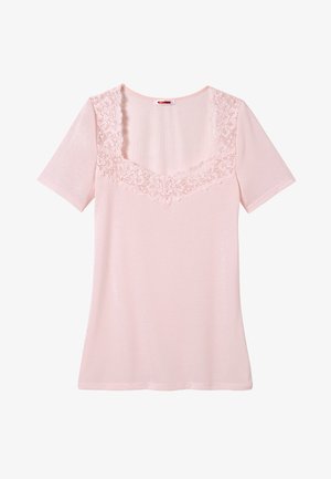 Roze t-shirt met korte mouwen en een v-hals met kantafwerking. Zachte stof, gladde textuur en een getailleerd ontwerp.