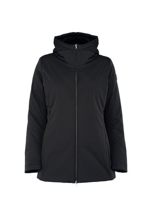 Giacca nera isolante con cappuccio, zip frontale completa e tasche laterali. Presenta un esterno liscio e una vestibilità leggermente ampia.