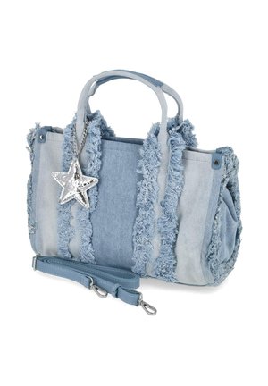Light blue denim handbag with frayed vertical stripes, short handles, detachable shoulder strap, and a silver star-shaped charm hanging on front.