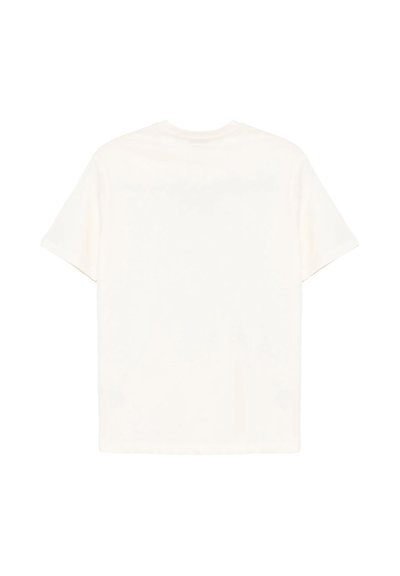 Maglietta bianca a maniche corte mostrata di spalle con scollo tondo su sfondo bianco.