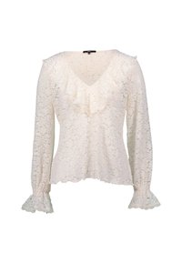 Romantische kanten blouse in crème met lange mouwen, V-hals, volants aan de voorkant en uitlopende mouwen met kantafwerking. Geweven bloempatroon overal.