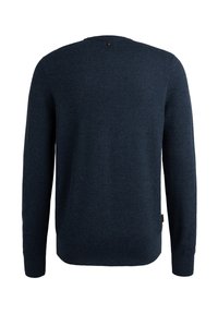 Marineblauer, strukturierter Strickpullover mit langen Ärmeln, Rundhalskragen und kleinem Logoakzent in der Nähe des Ausschnitts und an der Seite.