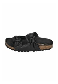 Black slide sandal with knotted leather straps, cork footbed, and textured rubber sole. Soft material with a smooth finish.