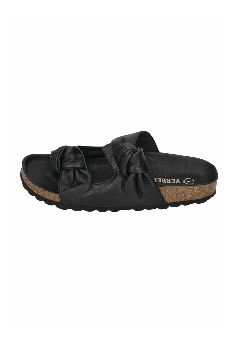 Black slide sandal with knotted leather straps, cork footbed, and textured rubber sole. Soft material with a smooth finish.