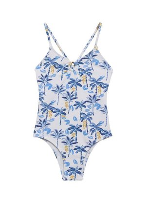 Ét one-piece badedragt i hvid med blå og gule palme-motiver. Har tynde krydsede stropper og et struktureret stof.