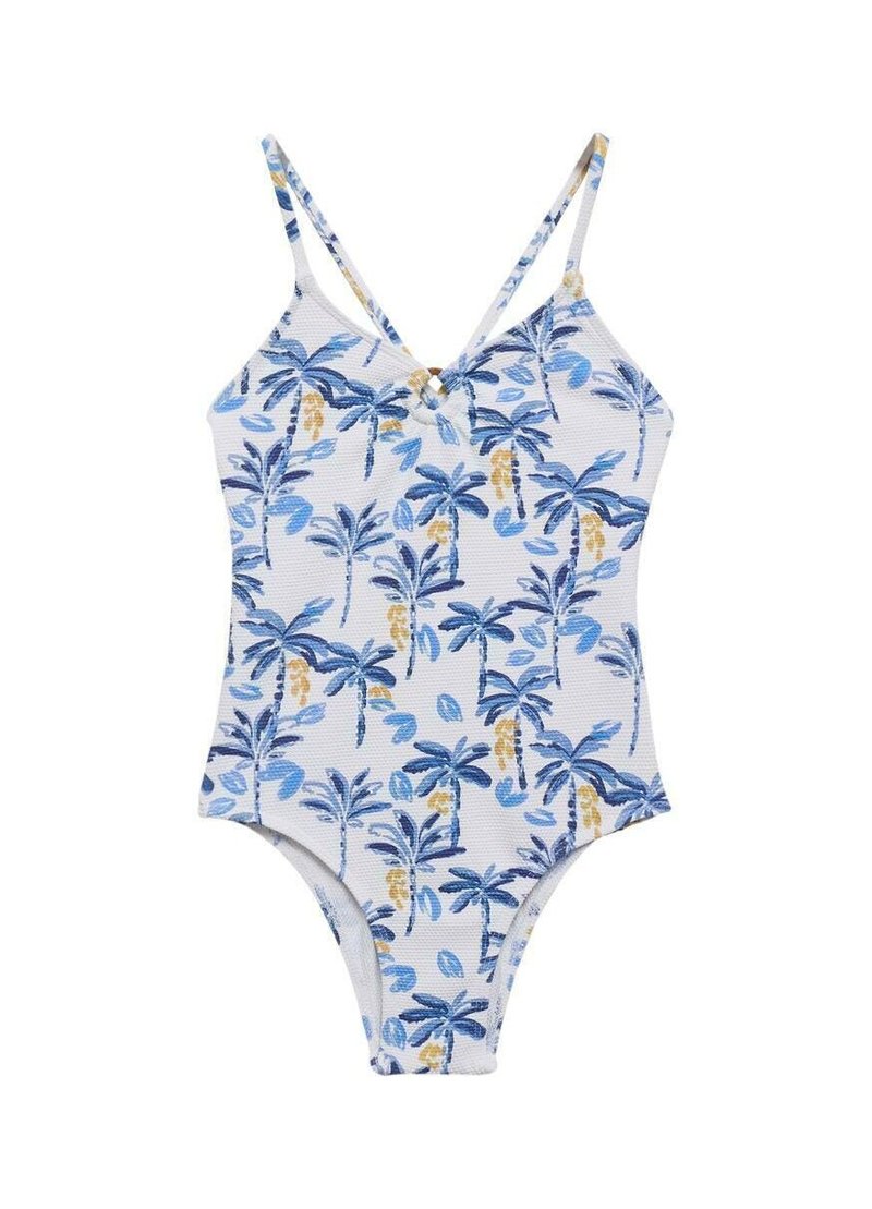 Maillot de bain une pièce en blanc avec un motif de palmiers bleu et jaune. Présente des fines bretelles croisées et un tissu texturé.
