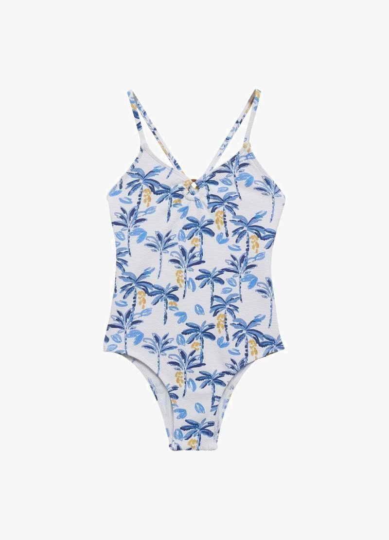 Maillot de bain une pièce en blanc avec un motif de palmiers bleu et jaune. Présente des fines bretelles croisées et un tissu texturé.