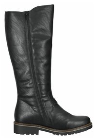 Botte noire en cuir hauteur genou avec une fermeture éclair sur le côté, bout rond, petit talon et un accent en sangle autour de la cheville. Finition de surface texturée.