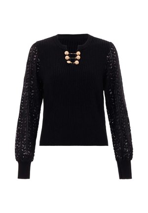 Black sweater with ribbed body and lace-patterned balloon sleeves. Features a round neckline and decorative gold-tone button accents.