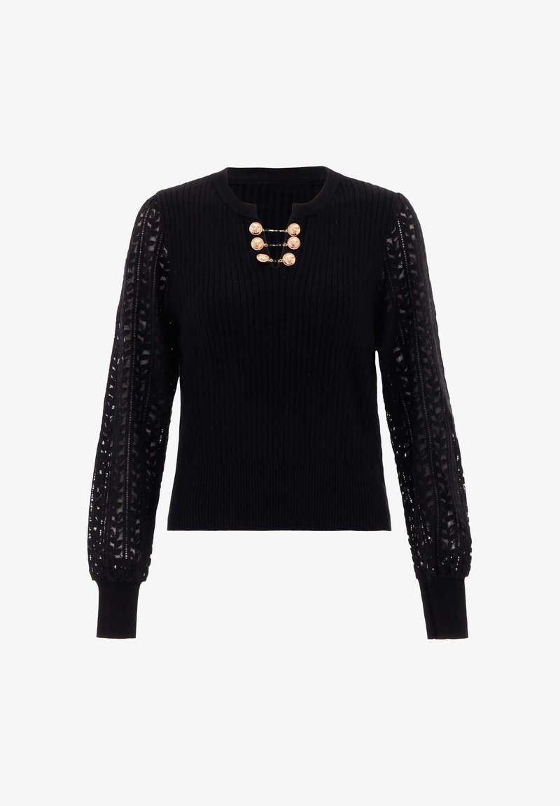Czarny sweter z prążkowanym ciałem i balonowymi rękawami w koronkowy wzór. Posiada okrągły dekolt oraz ozdobne guziki w złotym odcieniu.