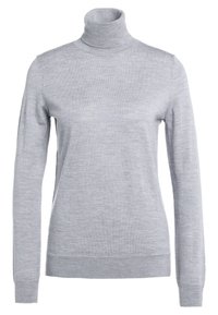Helle graue Rollkragenpullover aus weichem Stoff, mit langen Ärmeln, gerippten Bündchen und einer taillierten Passform. Glatte Textur mit minimaler Ausstattung.