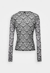 Czarny top z długim rękawem w kwiatowy wzór z elementami wachlarza, charakteryzujący się przezroczystą teksturą i dopasowanym krojem. Widok z tyłu ukazuje cały wzór.