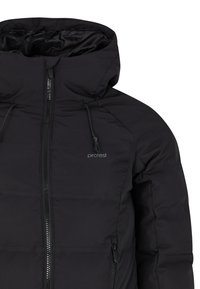 Black padded jacket with hood, front zipper, and drawstrings, featuring a small "protest" logo on the chest.