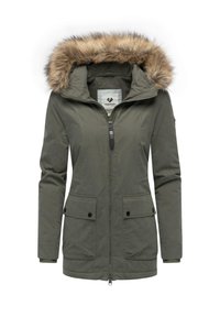 Olijfgroene parka met een uitneembare nepfuren capuchon, rits aan de voorkant, twee voorzakken en geribbelde manchetten. Normale pasvorm en geweven stof.
