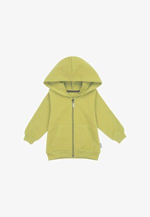 Zielona kurtka z kapturem dla malucha, z przodu zapinana na suwak i z dwoma kieszeniami typu kangurka, rozłożona na płasko na białym tle.