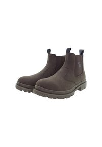 Stivali Chelsea in suede marrone con suole spesse e robuste, pannelli elastici laterali e linguette con logo sul retro.