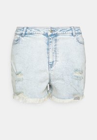 Vaaleansiniset denimmekot, joissa on kulutettuja yksityiskohtia, rispaantunut helma ja viiden taskun muotoilu. Varustettu napillissuljinnalla ja vyölenkeillä.