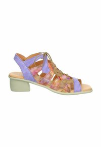 Lavendel en meerkleurige bloemen sandal met open tenen, lage blokhak, veter aan de voorkant en meerdere zijbandjes voor een veilige pasvorm.