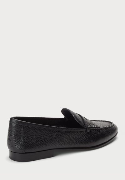 Black leather loafers with a textured finish, a stitched design on the vamp, and a flat sole. Features a classic slip-on style.