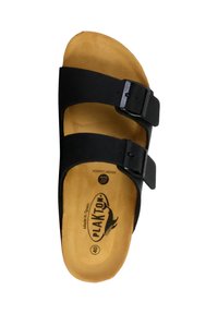 Sorte sandaler med to justerbare spænder, en formet sål i memory foam og en lysebrun ydersål. Logotryk på indersålen.