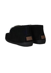 Zwarte suède slippers met een zachte binnenvoering, afgeronde vorm, rubberen zolen en een bruine label op de achterkant met reliëftekst.