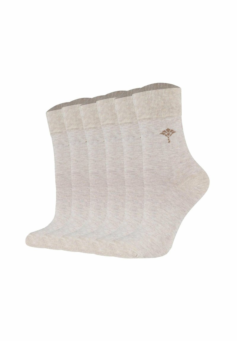 Calcetines de algodón para el tobillo, beige claro con un puño acanalado, que presentan un sutil patrón de logotipos. Seis pares exhibidos en una disposición superpuesta.