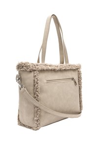 Bež torba za nošenje s lažnim krznom na rubu, s teksturiranom površinom, dvostrukim ručkama, odvojivim remenom i džepom sa zatvaračem sa strane.