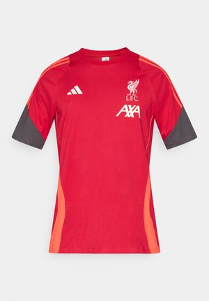 Rood shirt met korte mouwen en grijze accenten, met het Liverpool FC-wapen en het AXA-logo. Gemaakt van ademende stof met een ronde hals.