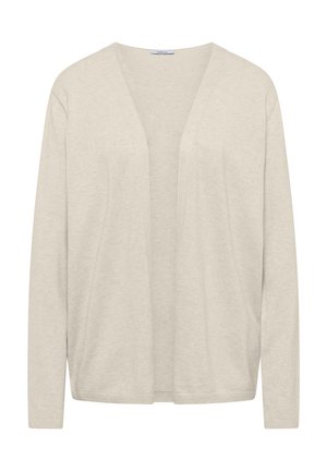 Beige cardigan med åbent front og lange ærmer, blød tekstur og ribbet kant ved sømvæg og manchetter, vist på en ensfarvet hvid baggrund.