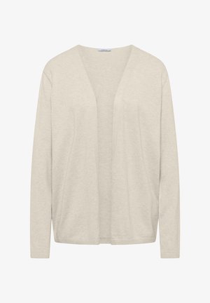 Beige cardigan med åbent front og lange ærmer, blød tekstur og ribbet kant ved sømvæg og manchetter, vist på en ensfarvet hvid baggrund.