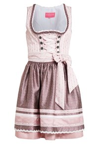 Sukienka dirndl z dopasowanym różowym gorsetem z luksusowym sznurowanym przodem i kwiatowym wzorem. Spódnica jest brązowa z białymi paskami i koronkowym wykończeniem.