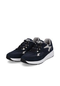 Navy sneakers with mesh and suede materials. Features a white sole, gray accents, and a lace-up closure. Lightweight design for comfort.
