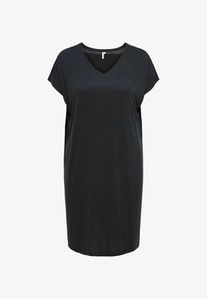 Czarna sukienka o krótkim rękawie i dekolcie w kształcie litery V, wykonana z miękkiego materiału. Sylwetka jest luźna, z prostym krojem i bocznymi rozcięciami.