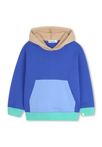 Felpa cappuccio blu e beige con tasca a marsupio, polsini e orlo verdi a coste, e una texture morbida. Presenta un design del cappuccio a contrasto.