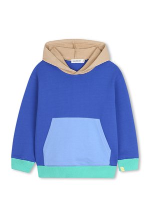 Un pull à capuche bleu et beige avec une poche kangourou, des poignets et un ourlet côtelés verts, et une texture douce. Doté d'un design de capuche contrasté.