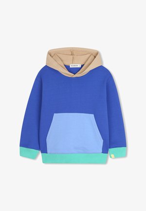 Blauw en beige pullover hoodie met een kangoeroezak, geribbelde groene manchetten en zoom, en een zachte textuur. Met een contrasterend ontwerp van de capuchon.
