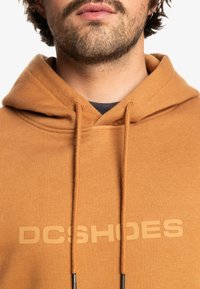 Bruine fleece hoodie met trekkoorden, voorzien van een groot "DCSHOES" logo in een lichtere tint. Zachte textuur en een relaxed fit.
