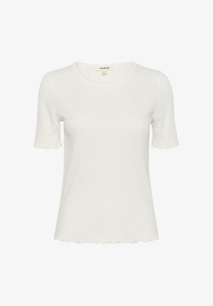 Hvid kortærmet top med en rund halsudskæring, struktureret stof med et subtilt mønster og bølgede kanter på ærmerne og kanten.