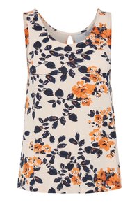 Débardeur fleuri en crème, avec des fleurs et des feuilles orange et bleu marine, encolure dégagée et coupe décontractée. Tissu doux en mélange de coton.