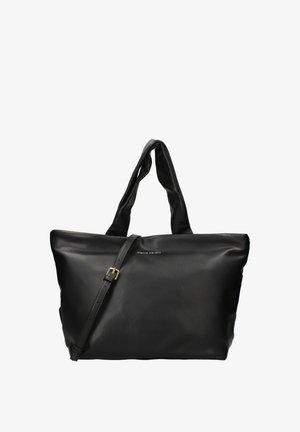 Schwarze Ledertasche mit gerollten Griffen, verstellbarem Schulterriemen und kleinem "pierre cardin"-Logo auf der Vorderseite.