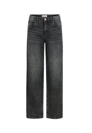 Schwarz gewaschene Jeans mit hoher Taille, geradem Bein, Frontknopf, Reißverschluss und Fünf-Taschen-Design.