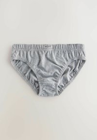 Graue Baumwollunterhose mit elastischem Bund, mit gerafften Seiten und glatter Textur. Das Etikett "NEXT" ist am Bund sichtbar.